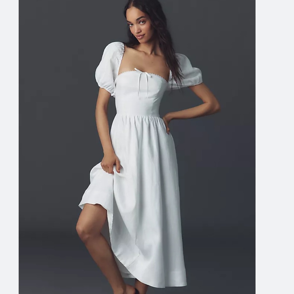 Reformation Marella Linen Puff-Sleeve Dress